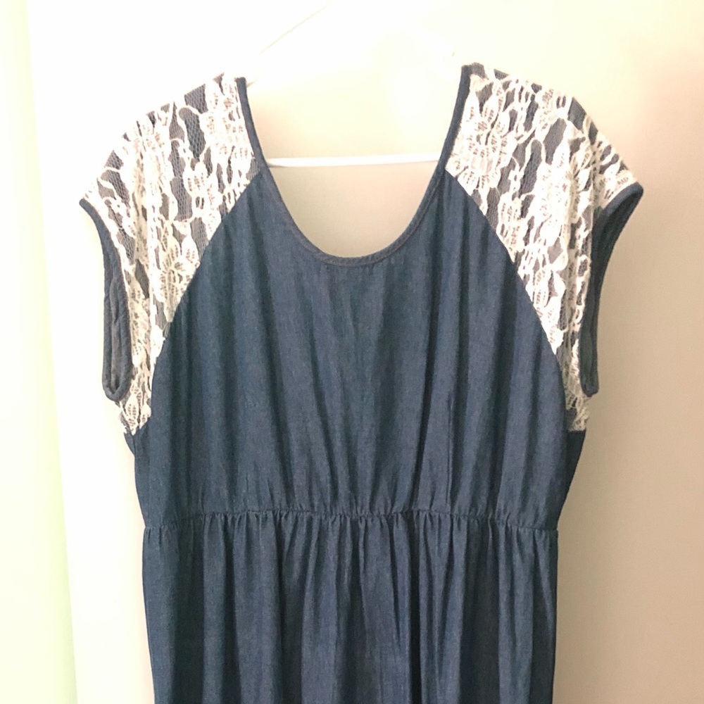 Women’s Size 18W Denim Midi Dress with Lace Trim  Denim 24/7
